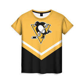 Женская футболка 3D с принтом Pittsburgh Penguins (Форма 1) в Новосибирске, 100% полиэфир ( синтетическое хлопкоподобное полотно) | прямой крой, круглый вырез горловины, длина до линии бедер | питтсбург пингвинз