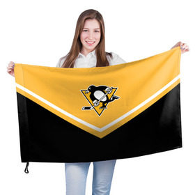 Флаг 3D с принтом Pittsburgh Penguins (Форма 1) в Новосибирске, 100% полиэстер | плотность ткани — 95 г/м2, размер — 67 х 109 см. Принт наносится с одной стороны | питтсбург пингвинз
