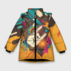 Зимняя куртка для девочек 3D с принтом Распальцовка music в Новосибирске, ткань верха — 100% полиэстер; подклад — 100% полиэстер, утеплитель — 100% полиэстер. | длина ниже бедра, удлиненная спинка, воротник стойка и отстегивающийся капюшон. Есть боковые карманы с листочкой на кнопках, утяжки по низу изделия и внутренний карман на молнии. 

Предусмотрены светоотражающий принт на спинке, радужный светоотражающий элемент на пуллере молнии и на резинке для утяжки. | 70 е | 80 е | вода | горы | жест | звезда | коза | молния | музыка | облака | панк | подкова | радуга | ретро | рога | рок | салют | сердце | ссср
