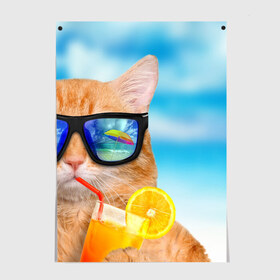 Постер с принтом КОТ НА ПЛЯЖЕ. в Новосибирске, 100% бумага
 | бумага, плотность 150 мг. Матовая, но за счет высокого коэффициента гладкости имеет небольшой блеск и дает на свету блики, но в отличии от глянцевой бумаги не покрыта лаком | summer | апельсиновый сок | кот | кот на пляже | коте | котик | котэ | котяра | лето | море | небо | отдых | очки | пляже