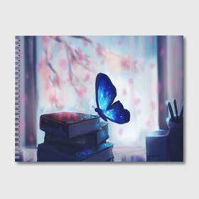 Альбом для рисования с принтом ВОЛШЕБНАЯ БАБОЧКА в Новосибирске, 100% бумага
 | матовая бумага, плотность 200 мг. | Тематика изображения на принте: бабочка | волшебная бабочка | голубая бабочка | книги | насекомая | насекомое | пыльца | синея бабочка