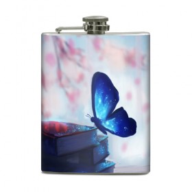 Фляга с принтом Волшебная бабочка в Новосибирске, металлический корпус | емкость 0,22 л, размер 125 х 94 мм. Виниловая наклейка запечатывается полностью | Тематика изображения на принте: бабочка | волшебная бабочка | голубая бабочка | книги | насекомая | насекомое | пыльца | синея бабочка