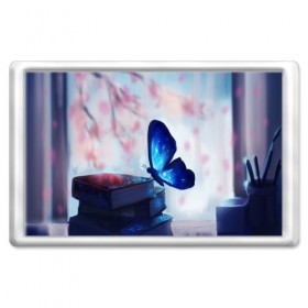 Магнит 45*70 с принтом Волшебная бабочка в Новосибирске, Пластик | Размер: 78*52 мм; Размер печати: 70*45 | Тематика изображения на принте: бабочка | волшебная бабочка | голубая бабочка | книги | насекомая | насекомое | пыльца | синея бабочка