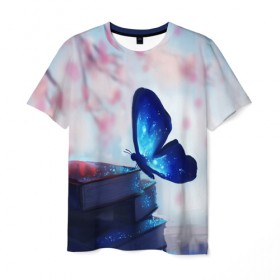 Мужская футболка 3D с принтом Волшебная бабочка в Новосибирске, 100% полиэфир | прямой крой, круглый вырез горловины, длина до линии бедер | Тематика изображения на принте: бабочка | волшебная бабочка | голубая бабочка | книги | насекомая | насекомое | пыльца | синея бабочка