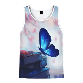 Мужская майка 3D с принтом Волшебная бабочка в Новосибирске, 100% полиэстер | круглая горловина, приталенный силуэт, длина до линии бедра. Пройма и горловина окантованы тонкой бейкой | бабочка | волшебная бабочка | голубая бабочка | книги | насекомая | насекомое | пыльца | синея бабочка
