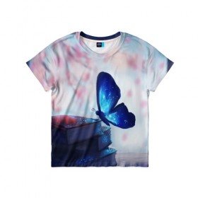 Детская футболка 3D с принтом Волшебная бабочка в Новосибирске, 100% гипоаллергенный полиэфир | прямой крой, круглый вырез горловины, длина до линии бедер, чуть спущенное плечо, ткань немного тянется | Тематика изображения на принте: бабочка | волшебная бабочка | голубая бабочка | книги | насекомая | насекомое | пыльца | синея бабочка