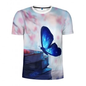 Мужская футболка 3D спортивная с принтом Волшебная бабочка в Новосибирске, 100% полиэстер с улучшенными характеристиками | приталенный силуэт, круглая горловина, широкие плечи, сужается к линии бедра | Тематика изображения на принте: бабочка | волшебная бабочка | голубая бабочка | книги | насекомая | насекомое | пыльца | синея бабочка