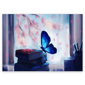 Поздравительная открытка с принтом ВОЛШЕБНАЯ БАБОЧКА. в Новосибирске, 100% бумага | плотность бумаги 280 г/м2, матовая, на обратной стороне линовка и место для марки
 | бабочка | волшебная бабочка | голубая бабочка | книги | насекомая | насекомое | пыльца | синея бабочка