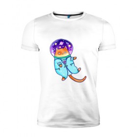 Мужская футболка премиум с принтом Кот и космос в Новосибирске, 92% хлопок, 8% лайкра | приталенный силуэт, круглый вырез ворота, длина до линии бедра, короткий рукав | звезды | космонавт | космос | кот