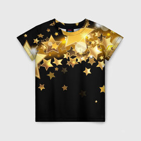 Детская футболка 3D с принтом Золотые звездочки в Новосибирске, 100% гипоаллергенный полиэфир | прямой крой, круглый вырез горловины, длина до линии бедер, чуть спущенное плечо, ткань немного тянется | 3d | звездочки | звезды | золото | золотые звездочки | картинка | черный фон