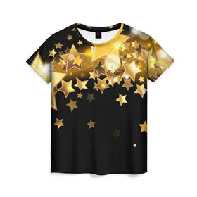 Женская футболка 3D с принтом Золотые звездочки в Новосибирске, 100% полиэфир ( синтетическое хлопкоподобное полотно) | прямой крой, круглый вырез горловины, длина до линии бедер | 3d | звездочки | звезды | золото | золотые звездочки | картинка | черный фон