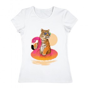 Женская футболка хлопок с принтом Тигр в Новосибирске, 100% хлопок | прямой крой, круглый вырез горловины, длина до линии бедер, слегка спущенное плечо | лето | пляж | солнце | тигр | фламинго