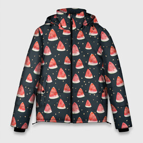 Мужская зимняя куртка 3D с принтом Tropical melon dark в Новосибирске, верх — 100% полиэстер; подкладка — 100% полиэстер; утеплитель — 100% полиэстер | длина ниже бедра, свободный силуэт Оверсайз. Есть воротник-стойка, отстегивающийся капюшон и ветрозащитная планка. 

Боковые карманы с листочкой на кнопках и внутренний карман на молнии. | арбуз