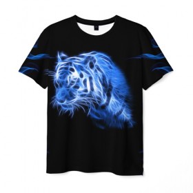 Мужская футболка 3D с принтом Синий тигр в Новосибирске, 100% полиэфир | прямой крой, круглый вырез горловины, длина до линии бедер | tiger | большая кошка | огонь | пламя | тигр | хищник