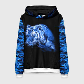 Мужская толстовка 3D с принтом Синий тигр в Новосибирске, 100% полиэстер | двухслойный капюшон со шнурком для регулировки, мягкие манжеты на рукавах и по низу толстовки, спереди карман-кенгуру с мягким внутренним слоем. | tiger | большая кошка | огонь | пламя | тигр | хищник