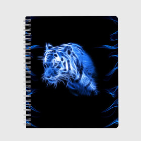 Тетрадь с принтом Синий тигр в Новосибирске, 100% бумага | 48 листов, плотность листов — 60 г/м2, плотность картонной обложки — 250 г/м2. Листы скреплены сбоку удобной пружинной спиралью. Уголки страниц и обложки скругленные. Цвет линий — светло-серый
 | tiger | большая кошка | огонь | пламя | тигр | хищник