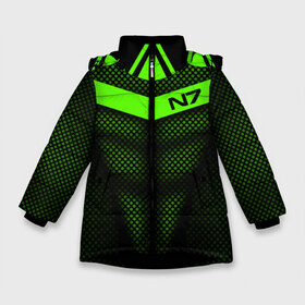 Зимняя куртка для девочек 3D с принтом Mass Effect N7 в Новосибирске, ткань верха — 100% полиэстер; подклад — 100% полиэстер, утеплитель — 100% полиэстер. | длина ниже бедра, удлиненная спинка, воротник стойка и отстегивающийся капюшон. Есть боковые карманы с листочкой на кнопках, утяжки по низу изделия и внутренний карман на молнии. 

Предусмотрены светоотражающий принт на спинке, радужный светоотражающий элемент на пуллере молнии и на резинке для утяжки. | andromed | effect | n7 | альянс | ефект | игра | компьютерная | мас | масс | н7 | онлайн | программа | профессиональный военный код | сокрушитель n7 | фурия n7