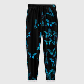 Мужские брюки 3D с принтом Синие бабочки в Новосибирске, 100% полиэстер | манжеты по низу, эластичный пояс регулируется шнурком, по бокам два кармана без застежек, внутренняя часть кармана из мелкой сетки | бабочка | мотылек | насекомые | синий