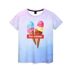 Женская футболка 3D с принтом Ice Creme в Новосибирске, 100% полиэфир ( синтетическое хлопкоподобное полотно) | прямой крой, круглый вырез горловины, длина до линии бедер | Тематика изображения на принте: ice cream | supreme | игра слов | лето | мороженое | рожок | тренд