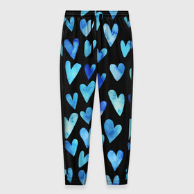 Мужские брюки 3D с принтом Blue Hearts в Новосибирске, 100% полиэстер | манжеты по низу, эластичный пояс регулируется шнурком, по бокам два кармана без застежек, внутренняя часть кармана из мелкой сетки | Тематика изображения на принте: акварель | любовь | паттерн | сердечки