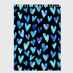 Скетчбук с принтом Blue Hearts в Новосибирске, 100% бумага
 | 48 листов, плотность листов — 100 г/м2, плотность картонной обложки — 250 г/м2. Листы скреплены сверху удобной пружинной спиралью | Тематика изображения на принте: акварель | любовь | паттерн | сердечки