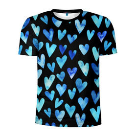 Мужская футболка 3D спортивная с принтом Blue Hearts в Новосибирске, 100% полиэстер с улучшенными характеристиками | приталенный силуэт, круглая горловина, широкие плечи, сужается к линии бедра | акварель | любовь | паттерн | сердечки