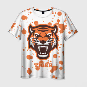 Мужская футболка 3D с принтом Огненный тигр в Новосибирске, 100% полиэфир | прямой крой, круглый вырез горловины, длина до линии бедер | дикий | желтый | зверь | злой | лес | охотник | стая | тигр | узор | хищник | черный | шерсть