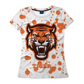 Женская футболка 3D с принтом Огненный тигр в Новосибирске, 100% полиэфир ( синтетическое хлопкоподобное полотно) | прямой крой, круглый вырез горловины, длина до линии бедер | дикий | желтый | зверь | злой | лес | охотник | стая | тигр | узор | хищник | черный | шерсть