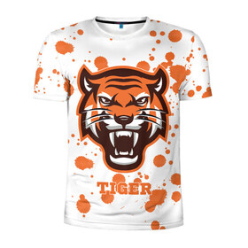Мужская футболка 3D спортивная с принтом Огненный тигр в Новосибирске, 100% полиэстер с улучшенными характеристиками | приталенный силуэт, круглая горловина, широкие плечи, сужается к линии бедра | Тематика изображения на принте: дикий | желтый | зверь | злой | лес | охотник | стая | тигр | узор | хищник | черный | шерсть