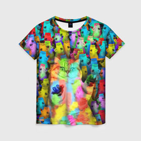 Женская футболка 3D с принтом Котики на дискотеке в Новосибирске, 100% полиэфир ( синтетическое хлопкоподобное полотно) | прямой крой, круглый вырез горловины, длина до линии бедер | Тематика изображения на принте: кошки | паттерн | психоделика | разноцветный | яркий