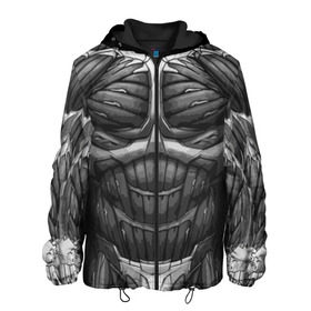 Мужская куртка 3D с принтом Экзоскелет CRYSIS в Новосибирске, ткань верха — 100% полиэстер, подклад — флис | прямой крой, подол и капюшон оформлены резинкой с фиксаторами, два кармана без застежек по бокам, один большой потайной карман на груди. Карман на груди застегивается на липучку | Тематика изображения на принте: crysis |   робот | бионический | бронь | броня | доспехи | костюм | крайсис | экзоскелет