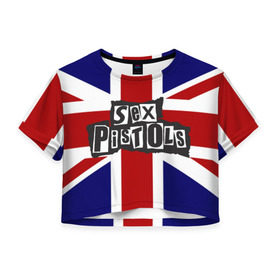 Женская футболка 3D укороченная с принтом Sex Pistols в Новосибирске, 100% полиэстер | круглая горловина, длина футболки до линии талии, рукава с отворотами | англия | британия | панк | флаг