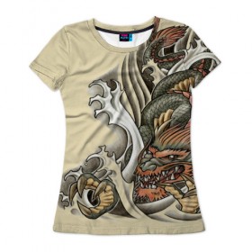 Женская футболка 3D с принтом Восточный дракон в Новосибирске, 100% полиэфир ( синтетическое хлопкоподобное полотно) | прямой крой, круглый вырез горловины, длина до линии бедер | восток | дракон | тату | татуировка | япония