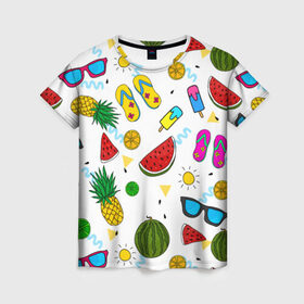 Женская футболка 3D с принтом Летняя в Новосибирске, 100% полиэфир ( синтетическое хлопкоподобное полотно) | прямой крой, круглый вырез горловины, длина до линии бедер | hot | lemon | summer | sun | ананас | арбуз | жара | курорт | лайм | лето | лимон | море | мороженое | отдых | очки | пляж | солнце
