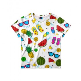 Детская футболка 3D с принтом Летняя в Новосибирске, 100% гипоаллергенный полиэфир | прямой крой, круглый вырез горловины, длина до линии бедер, чуть спущенное плечо, ткань немного тянется | hot | lemon | summer | sun | ананас | арбуз | жара | курорт | лайм | лето | лимон | море | мороженое | отдых | очки | пляж | солнце