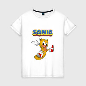 Женская футболка хлопок с принтом Sonic в Новосибирске, 100% хлопок | прямой крой, круглый вырез горловины, длина до линии бедер, слегка спущенное плечо | hedgehog | knuckles | sega | sonic | super | tails | ёжик | ехидна | лисенок | лисица | наклз | сега | соник | супер | суперёжик | тэилз | тэилс