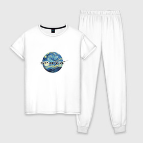 Женская пижама хлопок с принтом Space X в Новосибирске, 100% хлопок | брюки и футболка прямого кроя, без карманов, на брюках мягкая резинка на поясе и по низу штанин | ван гог | илон | илон маск | искусство | космос | лунная ночь | маск | небо | прикольная | технологии | тренд