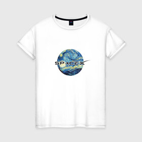 Женская футболка хлопок с принтом Space X в Новосибирске, 100% хлопок | прямой крой, круглый вырез горловины, длина до линии бедер, слегка спущенное плечо | ван гог | илон | илон маск | искусство | космос | лунная ночь | маск | небо | прикольная | технологии | тренд