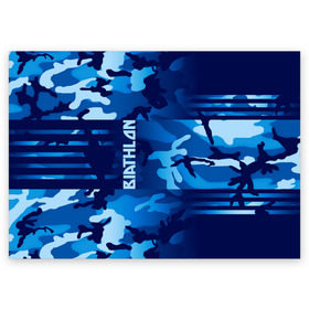 Поздравительная открытка с принтом BIATHLON в Новосибирске, 100% бумага | плотность бумаги 280 г/м2, матовая, на обратной стороне линовка и место для марки
 | biathlon | sport | беатлон | беотлон | биатлон | биотлон | борьба | винтовка | линии | лыжи | надпись | полосы | россии | россия | рф | сборная | символ | состязание | спорт | стрельба | флаг