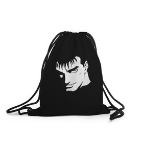 Рюкзак-мешок 3D с принтом Гатс в Новосибирске, 100% полиэстер | плотность ткани — 200 г/м2, размер — 35 х 45 см; лямки — толстые шнурки, застежка на шнуровке, без карманов и подкладки | берсерк | гатс | гриффитс | каска | черный мечник