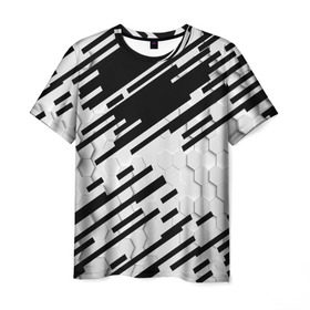 Мужская футболка 3D с принтом HEXAGON - Black and White в Новосибирске, 100% полиэфир | прямой крой, круглый вырез горловины, длина до линии бедер | 