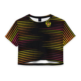Женская футболка 3D укороченная с принтом RUSSIA - Multi-colored stripes в Новосибирске, 100% полиэстер | круглая горловина, длина футболки до линии талии, рукава с отворотами | 