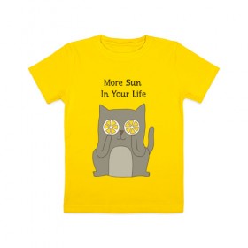 Детская футболка хлопок с принтом More Sun In Your Life в Новосибирске, 100% хлопок | круглый вырез горловины, полуприлегающий силуэт, длина до линии бедер | cat | lemon | summer | кот | котэ | кошка | лето | лимон | солнце | сочный
