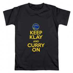 Мужская футболка хлопок с принтом Keep Klay and Curry On в Новосибирске, 100% хлопок | прямой крой, круглый вырез горловины, длина до линии бедер, слегка спущенное плечо. | Тематика изображения на принте: 