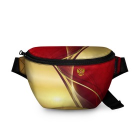 Поясная сумка 3D с принтом RUSSIA SPORT: Red and Gold. в Новосибирске, 100% полиэстер | плотная ткань, ремень с регулируемой длиной, внутри несколько карманов для мелочей, основное отделение и карман с обратной стороны сумки застегиваются на молнию | Тематика изображения на принте: abstract | design | geometry | hexagon | red and black | russia | sport | texture | абстракция | геометрия | герб | дизайн | патриот | патриотизм | россия | русский | соты | спорт | текстура | шестиугольники