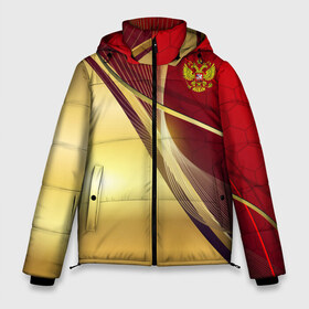 Мужская зимняя куртка 3D с принтом RUSSIA SPORT Red and Gold в Новосибирске, верх — 100% полиэстер; подкладка — 100% полиэстер; утеплитель — 100% полиэстер | длина ниже бедра, свободный силуэт Оверсайз. Есть воротник-стойка, отстегивающийся капюшон и ветрозащитная планка. 

Боковые карманы с листочкой на кнопках и внутренний карман на молнии. | Тематика изображения на принте: abstract | design | geometry | hexagon | red and black | russia | sport | texture | абстракция | геометрия | герб | дизайн | патриот | патриотизм | россия | русский | соты | спорт | текстура | шестиугольники