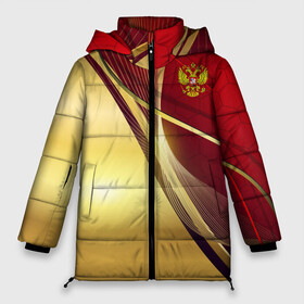 Женская зимняя куртка 3D с принтом RUSSIA SPORT Red and Gold в Новосибирске, верх — 100% полиэстер; подкладка — 100% полиэстер; утеплитель — 100% полиэстер | длина ниже бедра, силуэт Оверсайз. Есть воротник-стойка, отстегивающийся капюшон и ветрозащитная планка. 

Боковые карманы с листочкой на кнопках и внутренний карман на молнии | Тематика изображения на принте: abstract | design | geometry | hexagon | red and black | russia | sport | texture | абстракция | геометрия | герб | дизайн | патриот | патриотизм | россия | русский | соты | спорт | текстура | шестиугольники