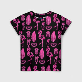 Детская футболка 3D с принтом Светящийся фламинго в Новосибирске, 100% гипоаллергенный полиэфир | прямой крой, круглый вырез горловины, длина до линии бедер, чуть спущенное плечо, ткань немного тянется | Тематика изображения на принте: африка | крылья | мода | прикольные | природа | птица | розовый | фламинго | цвет | яркие