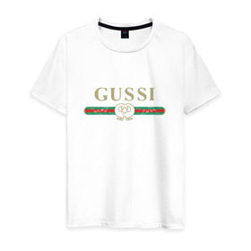 Мужская футболка хлопок с принтом Gussi в Новосибирске, 100% хлопок | прямой крой, круглый вырез горловины, длина до линии бедер, слегка спущенное плечо. | ga ga ga | gang | gucci | guchi | guci | gusi | gussi | га га га | гуси | гусси | гучи | гуччи | модный гусь