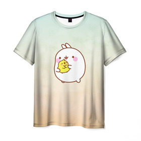 Мужская футболка 3D с принтом Molang Друзья в Новосибирске, 100% полиэфир | прямой крой, круглый вырез горловины, длина до линии бедер | Тематика изображения на принте: kawaii | аниме | зайчик | зая | заяц | каваи | мимими | моланг | птенчик